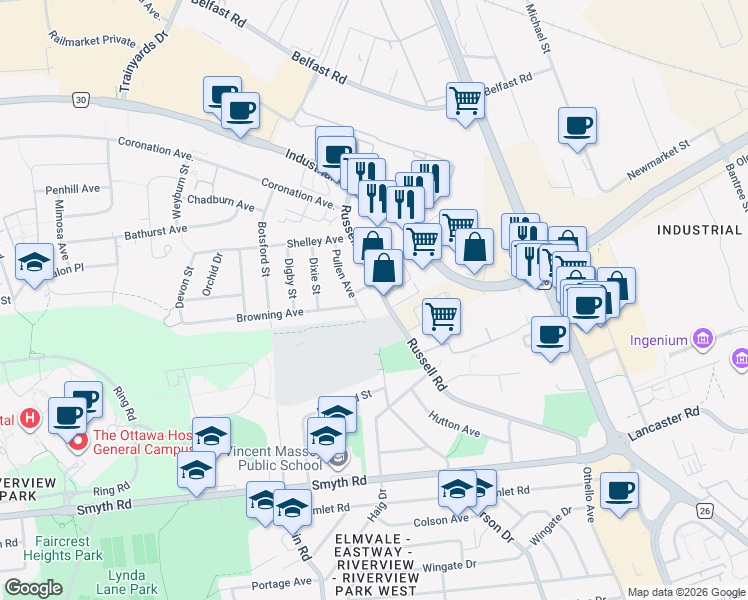 map of restaurants, bars, coffee shops, grocery stores, and more near 1720 Russell Road in Ottawa