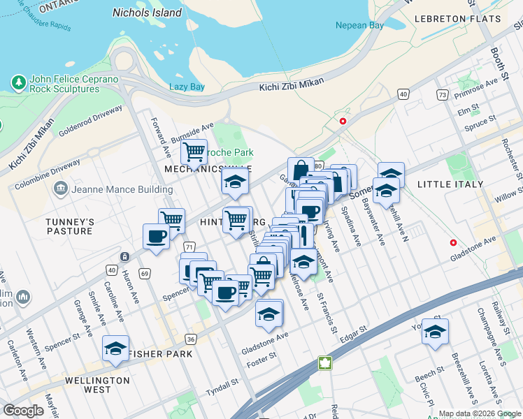 map of restaurants, bars, coffee shops, grocery stores, and more near in Ottawa
