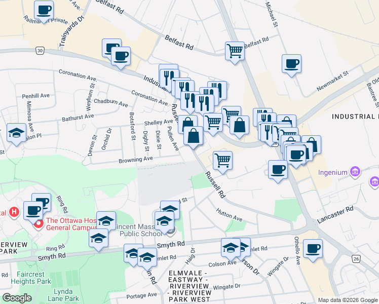 map of restaurants, bars, coffee shops, grocery stores, and more near 1702 Russell Road in Ottawa
