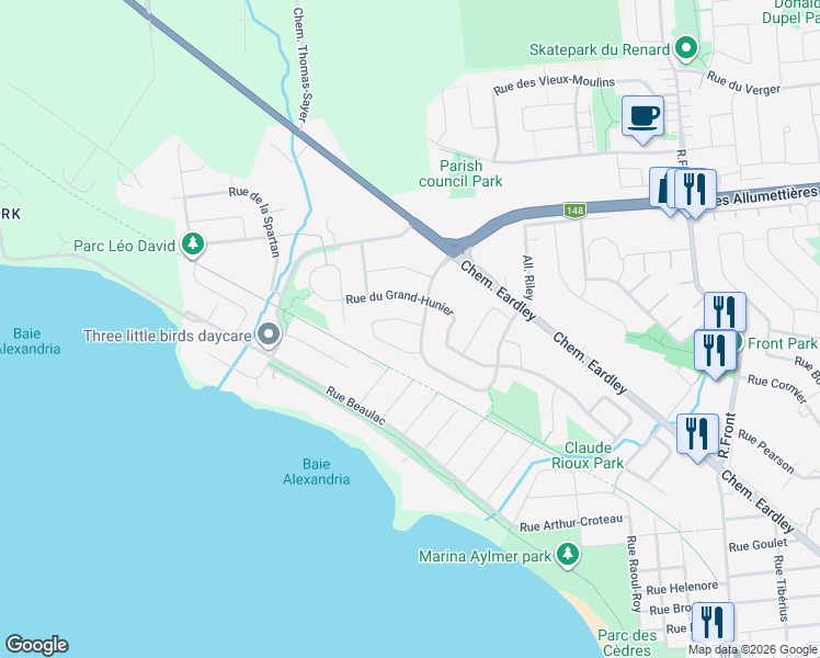 map of restaurants, bars, coffee shops, grocery stores, and more near 138 Rue des Haubans in Gatineau