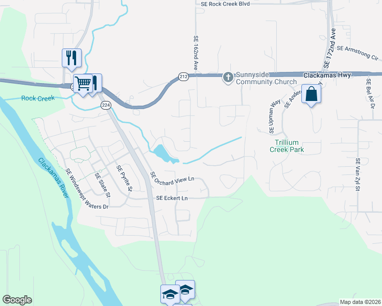 map of restaurants, bars, coffee shops, grocery stores, and more near 16125 Southeast Goosehollow Drive in Damascus