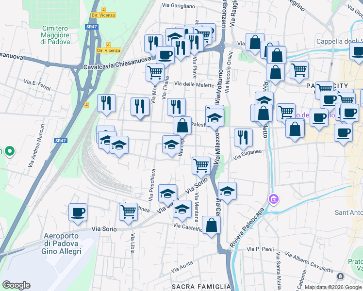 map of restaurants, bars, coffee shops, grocery stores, and more near Via Lepanto in Padua