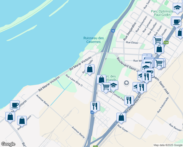map of restaurants, bars, coffee shops, grocery stores, and more near 275 Rue Mayer in La Prairie