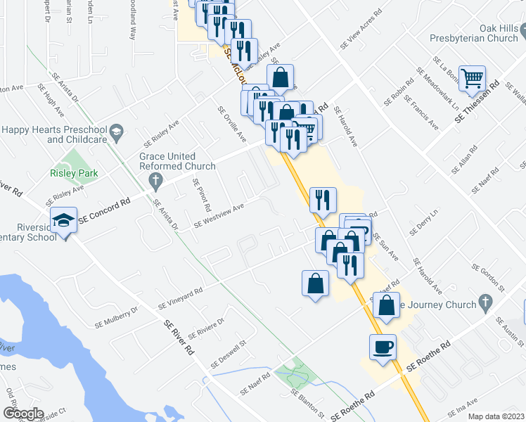 map of restaurants, bars, coffee shops, grocery stores, and more near 3552 Southeast Westview Avenue in Milwaukie