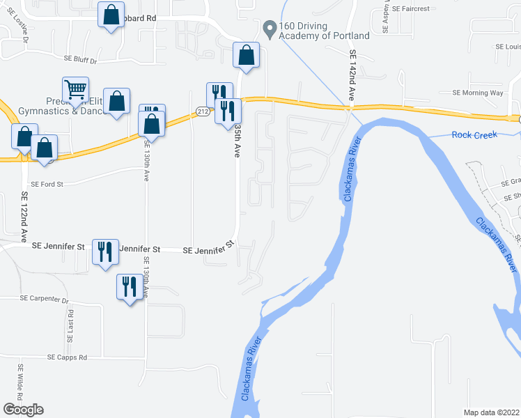 map of restaurants, bars, coffee shops, grocery stores, and more near 16438 Southeast 135th Avenue in Clackamas