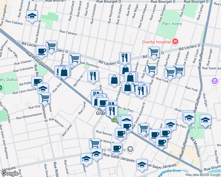 map of restaurants, bars, coffee shops, grocery stores, and more near 413 Rue Boivin in Granby