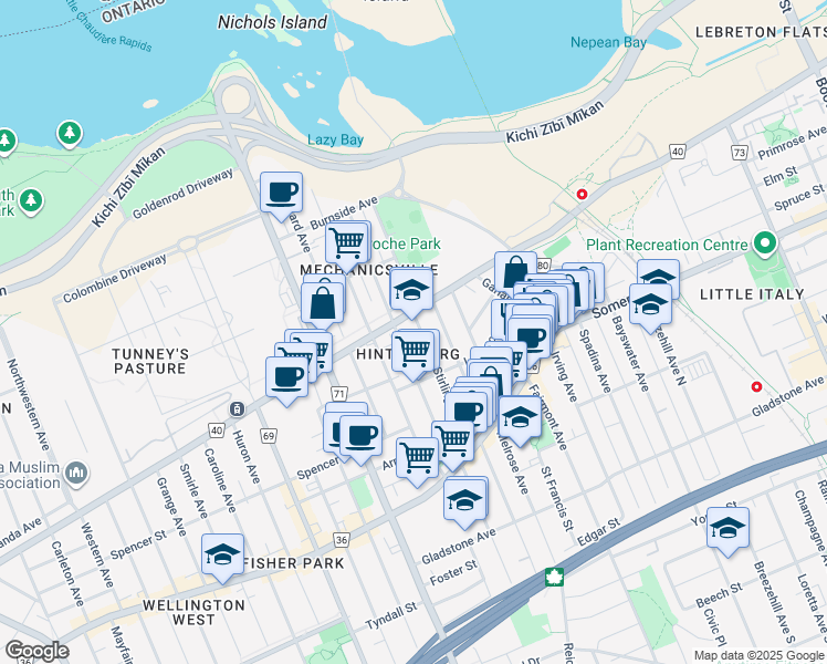 map of restaurants, bars, coffee shops, grocery stores, and more near 12 Stirling Avenue in Ottawa