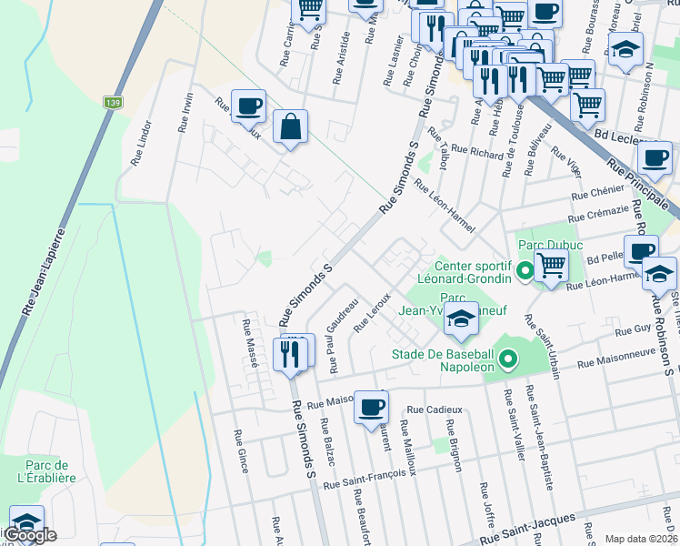 map of restaurants, bars, coffee shops, grocery stores, and more near 265 Rue Simonds Sud in Granby