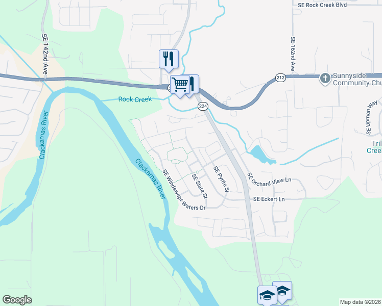 map of restaurants, bars, coffee shops, grocery stores, and more near 15369 Southeast Eckert Lane in Damascus