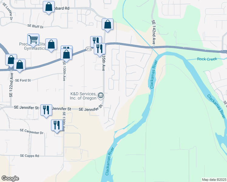 map of restaurants, bars, coffee shops, grocery stores, and more near 16438 Southeast 135th Avenue in Clackamas