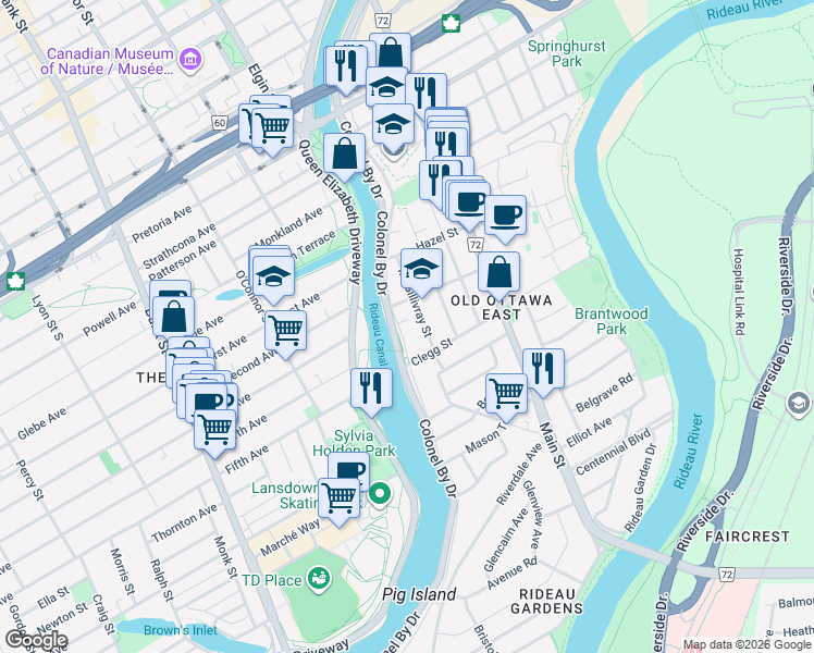 map of restaurants, bars, coffee shops, grocery stores, and more near in Ottawa