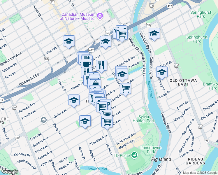 map of restaurants, bars, coffee shops, grocery stores, and more near 58 Glebe Avenue in Ottawa