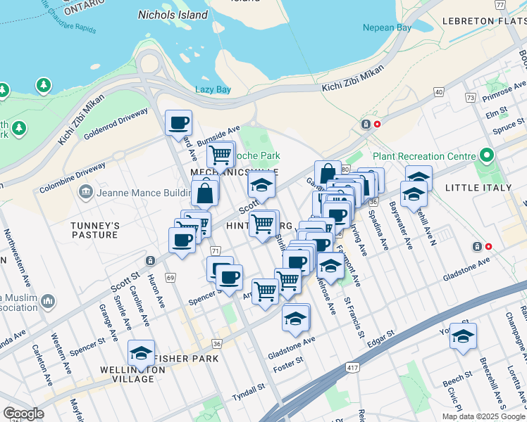 map of restaurants, bars, coffee shops, grocery stores, and more near in Ottawa