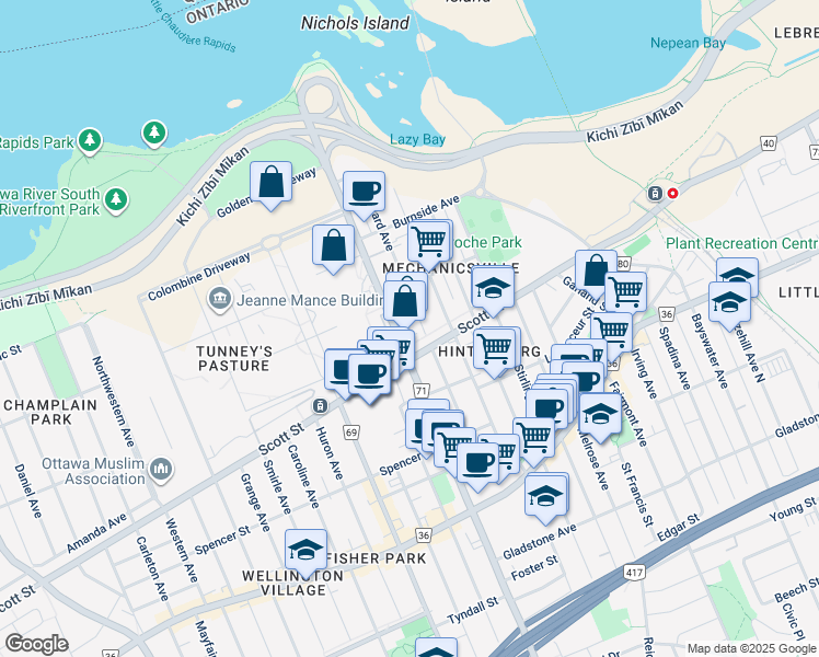 map of restaurants, bars, coffee shops, grocery stores, and more near 184 Forward Avenue in Ottawa