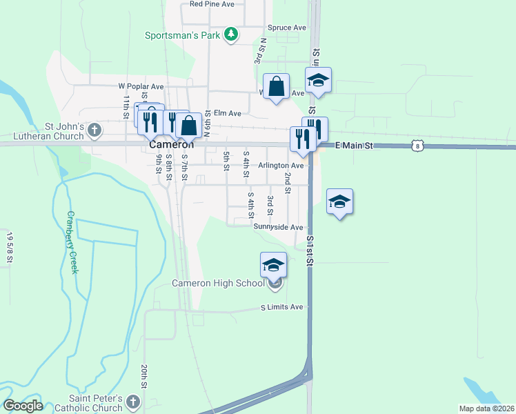 map of restaurants, bars, coffee shops, grocery stores, and more near 304 Wisconsin Avenue in Cameron