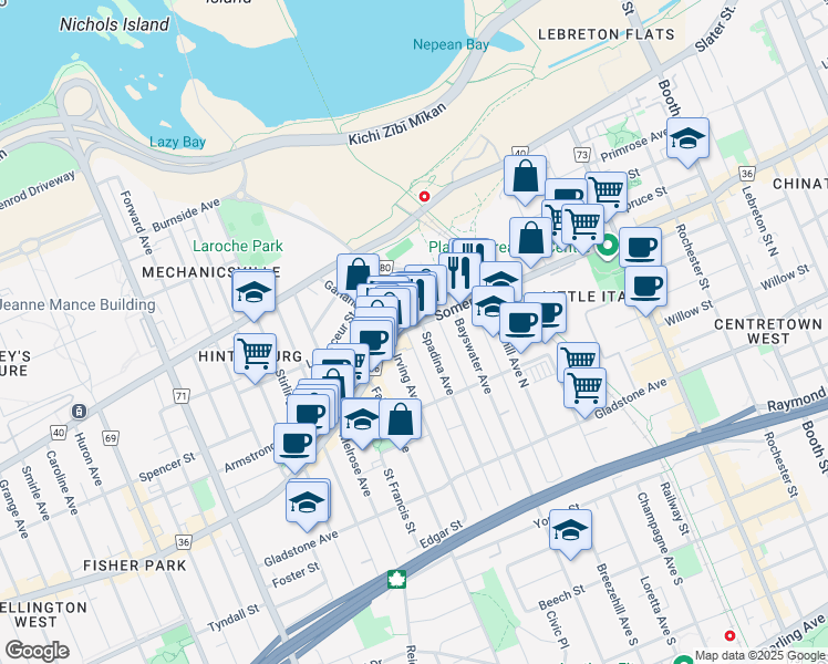 map of restaurants, bars, coffee shops, grocery stores, and more near 1106 Somerset Street West in Ottawa