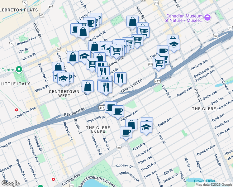 map of restaurants, bars, coffee shops, grocery stores, and more near 463 Catherine Street in Ottawa
