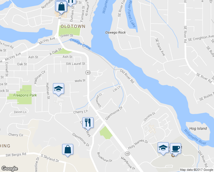 map of restaurants, bars, coffee shops, grocery stores, and more near 16342 Ivy Lane in Lake Oswego