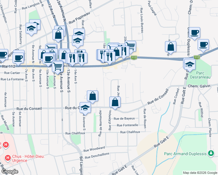 map of restaurants, bars, coffee shops, grocery stores, and more near 125 Rue d'Alençon in Sherbrooke