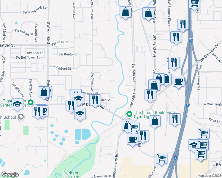 map of restaurants, bars, coffee shops, grocery stores, and more near 7590 Southwest Onnaf Court in Tigard