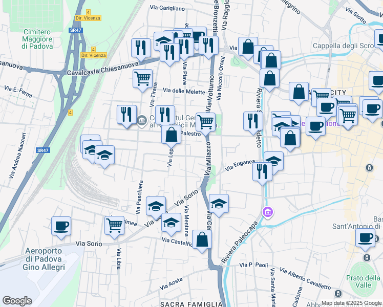 map of restaurants, bars, coffee shops, grocery stores, and more near Via Monte Sabotino in Padua