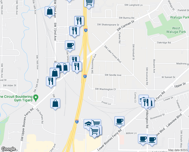 map of restaurants, bars, coffee shops, grocery stores, and more near 16624 Southwest Roosevelt Avenue in Lake Oswego