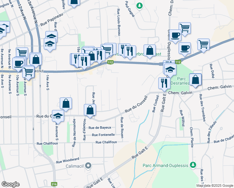 map of restaurants, bars, coffee shops, grocery stores, and more near Rue du Verger in Sherbrooke