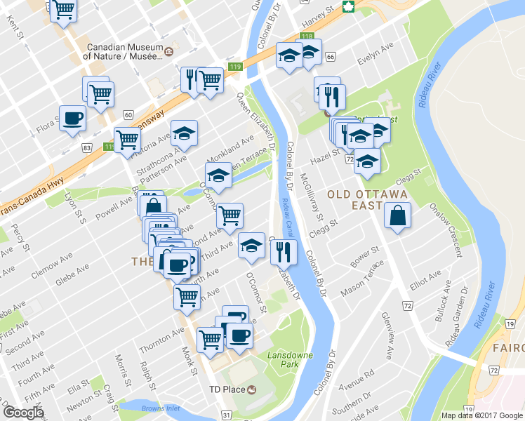 map of restaurants, bars, coffee shops, grocery stores, and more near 1 Second Avenue in Ottawa
