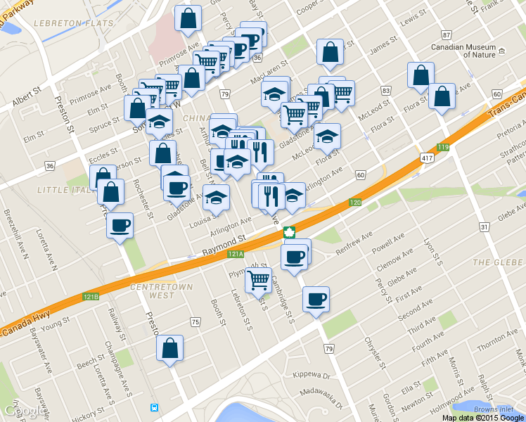 map of restaurants, bars, coffee shops, grocery stores, and more near in Ottawa