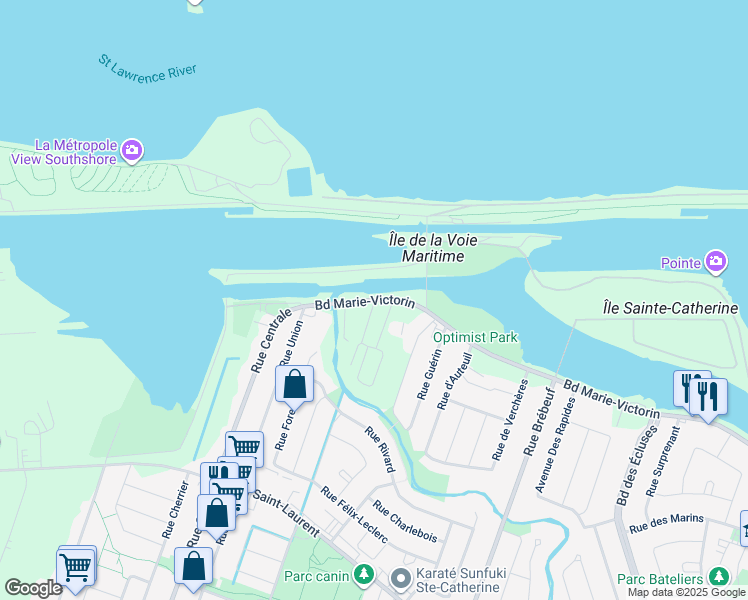 map of restaurants, bars, coffee shops, grocery stores, and more near 5435 Boulevard Marie-Victorin in Sainte-Catherine