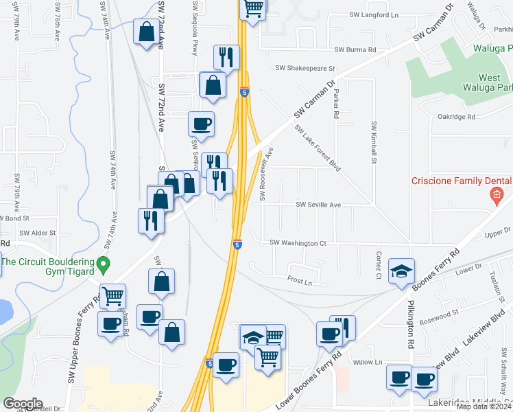 map of restaurants, bars, coffee shops, grocery stores, and more near 16601 Southwest Roosevelt Avenue in Lake Oswego