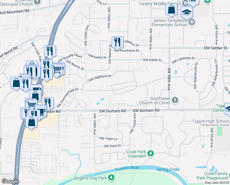 map of restaurants, bars, coffee shops, grocery stores, and more near 15955 Southwest Greens Way in Tigard