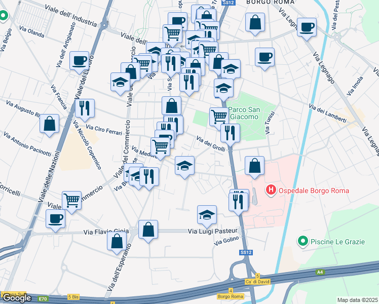 map of restaurants, bars, coffee shops, grocery stores, and more near Via Nereo Toffaletti in Verona
