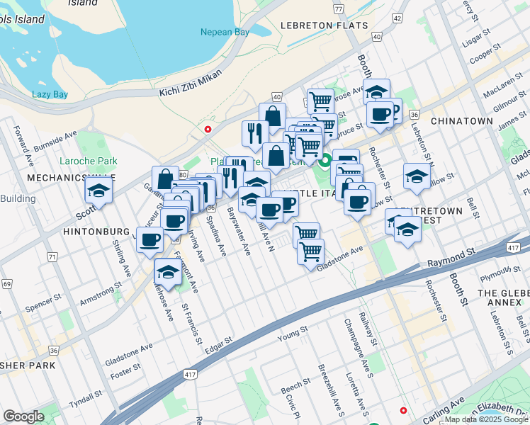 map of restaurants, bars, coffee shops, grocery stores, and more near in Ottawa