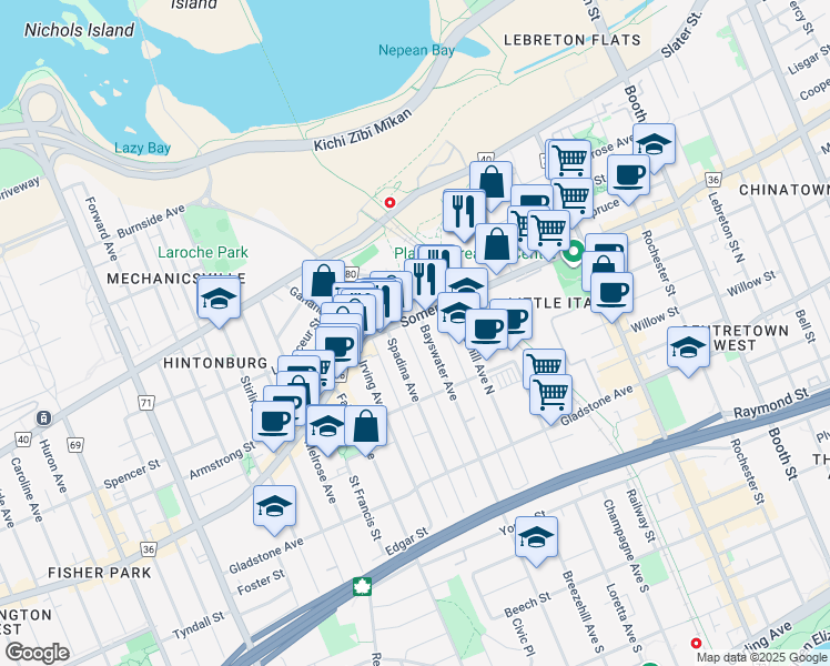 map of restaurants, bars, coffee shops, grocery stores, and more near in Ottawa