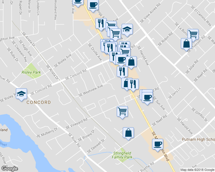 map of restaurants, bars, coffee shops, grocery stores, and more near 3624 Southeast Westview Road in Oak Grove