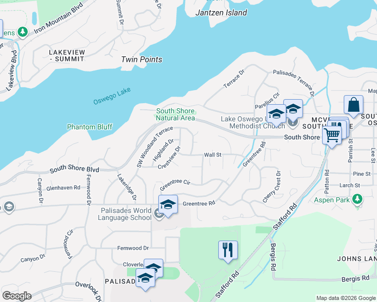 map of restaurants, bars, coffee shops, grocery stores, and more near 1421 Nelson Court in Lake Oswego