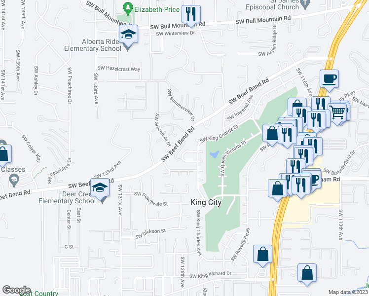 map of restaurants, bars, coffee shops, grocery stores, and more near 12691 Southwest Prince Edward Court in King City