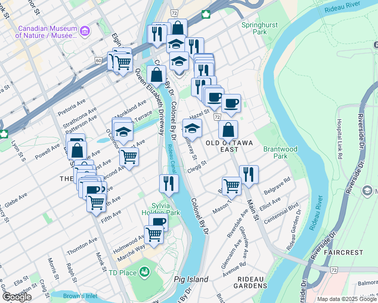 map of restaurants, bars, coffee shops, grocery stores, and more near in Ottawa