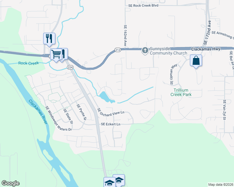 map of restaurants, bars, coffee shops, grocery stores, and more near 16125 Southeast Goosehollow Drive in Damascus