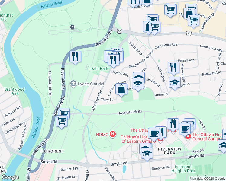 map of restaurants, bars, coffee shops, grocery stores, and more near 212 Lennox Park Avenue in Ottawa
