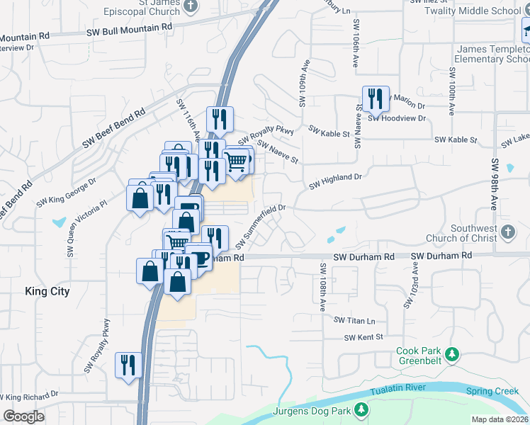 map of restaurants, bars, coffee shops, grocery stores, and more near 15695 Southwest 114th Court in Tigard