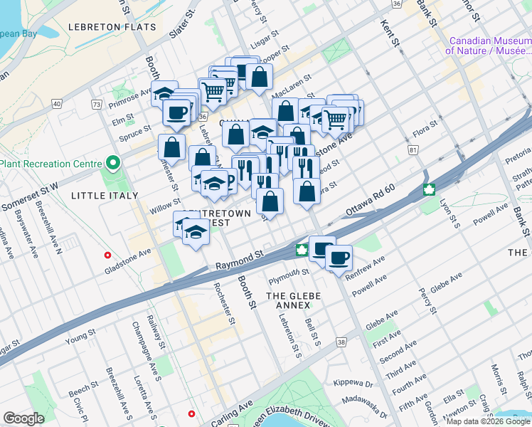 map of restaurants, bars, coffee shops, grocery stores, and more near 207 Bell Street North in Ottawa