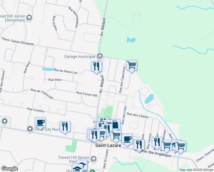 map of restaurants, bars, coffee shops, grocery stores, and more near 1770 Rue des Pervenches in Montérégie