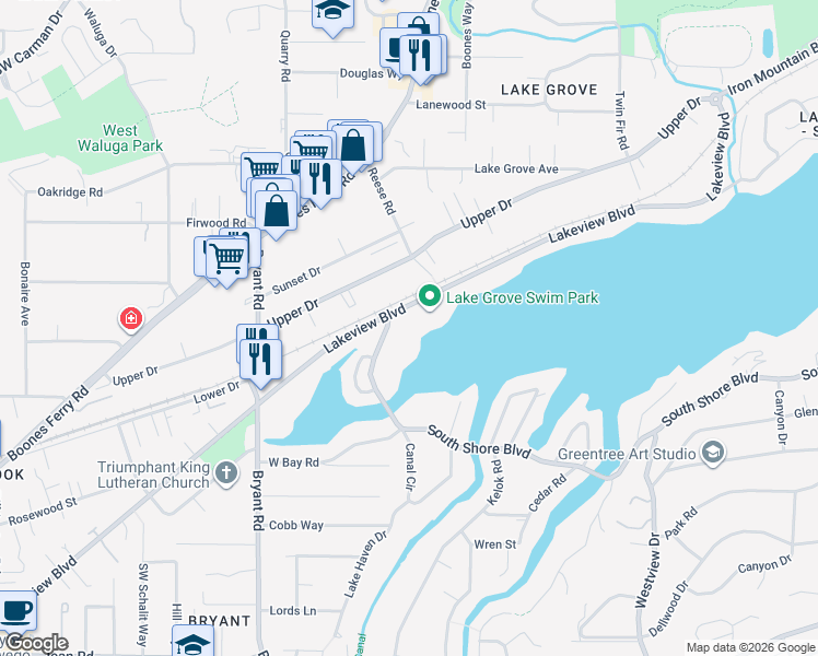 map of restaurants, bars, coffee shops, grocery stores, and more near 4375 South Shore Boulevard in Lake Oswego