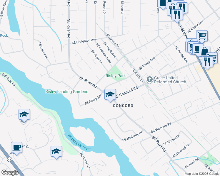 map of restaurants, bars, coffee shops, grocery stores, and more near 2315 Southeast Risley Avenue in Milwaukie
