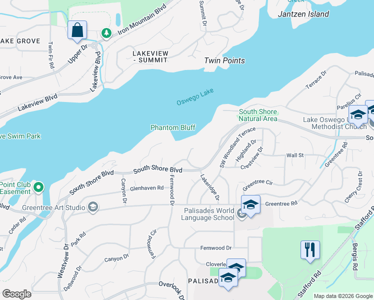 map of restaurants, bars, coffee shops, grocery stores, and more near 1895 Cedar Court in Lake Oswego