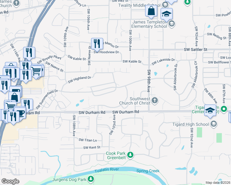 map of restaurants, bars, coffee shops, grocery stores, and more near 15745 Southwest Greens Way in Tigard