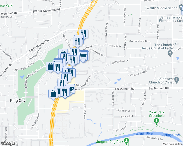map of restaurants, bars, coffee shops, grocery stores, and more near 15655 Southwest 114th Court in Tigard