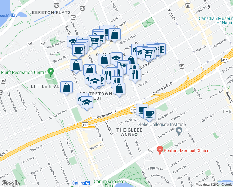 map of restaurants, bars, coffee shops, grocery stores, and more near 43 Arthur Lane North in Ottawa